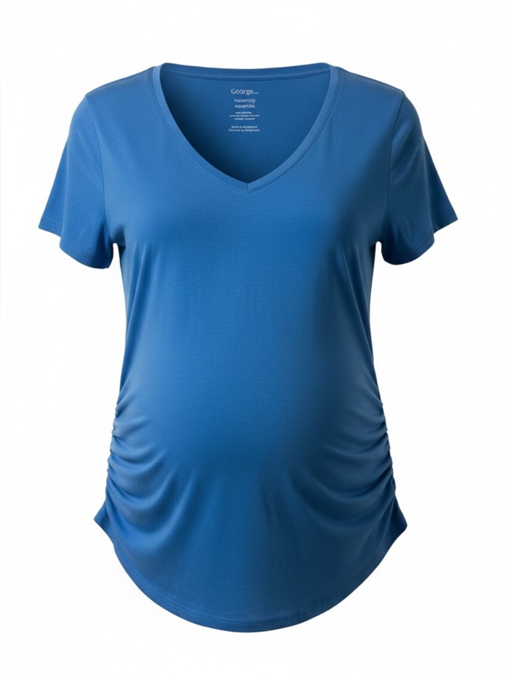 George Maternity T Shirt Short Sleeve V Neck Blue Large Ruched Sides Cotton
